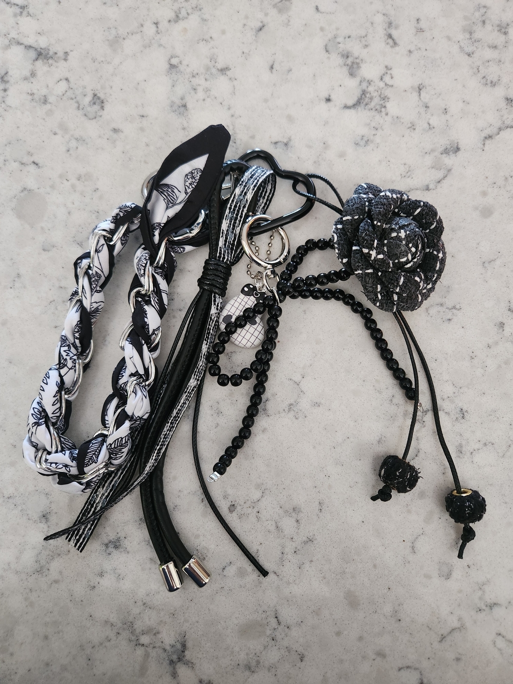 Black & White Floral Fabric Charm Keychain